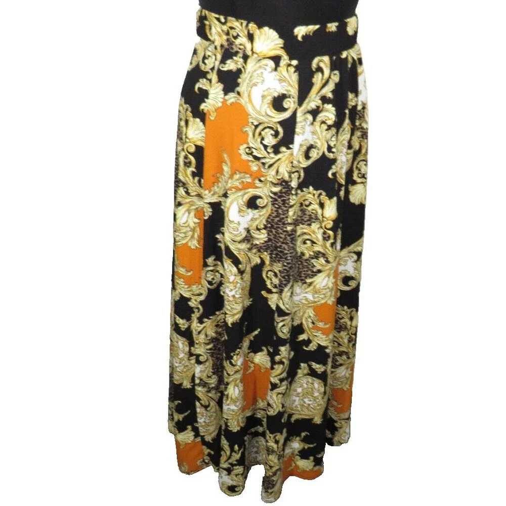 Impulsive Black Multi Leopard Scroll Print Textured Floor Length Maxi Skirt 1X